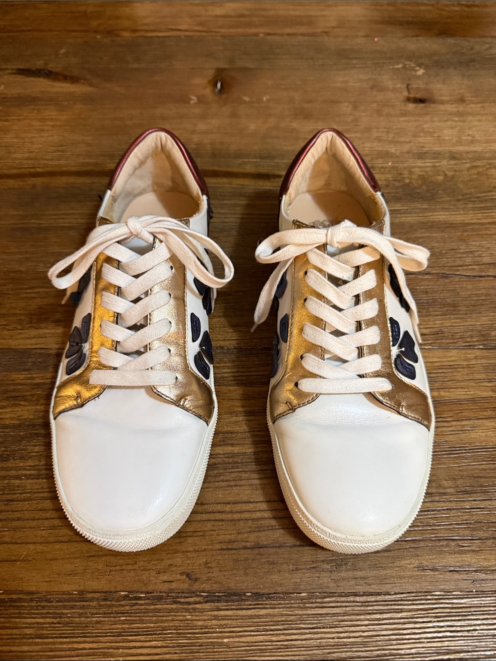 Vince Camuto White Leather Sneakers with Gold and Navy Accents